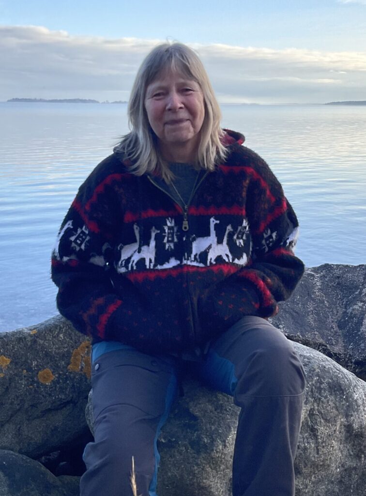 Bild på en kvinna som sitter på klippor. I bakgrunden syns öppet hav och blå himmel.